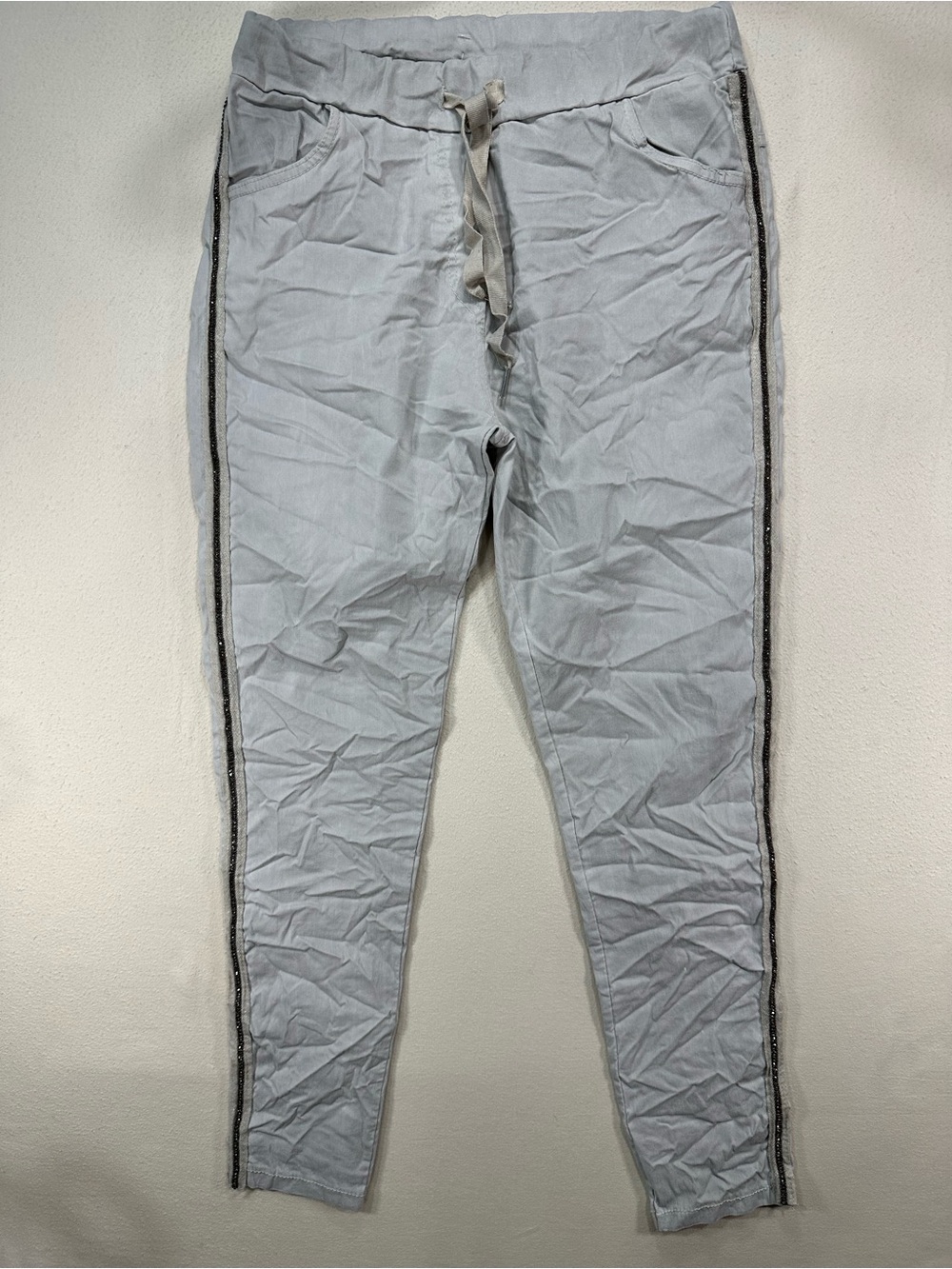 Venti6 Italy Grey Crinkle Magic Joggers Rhinestone Stripe Large NWT